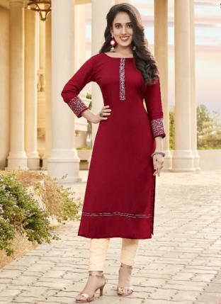 Red Rayon Daily wear Embroidery Work Kurti